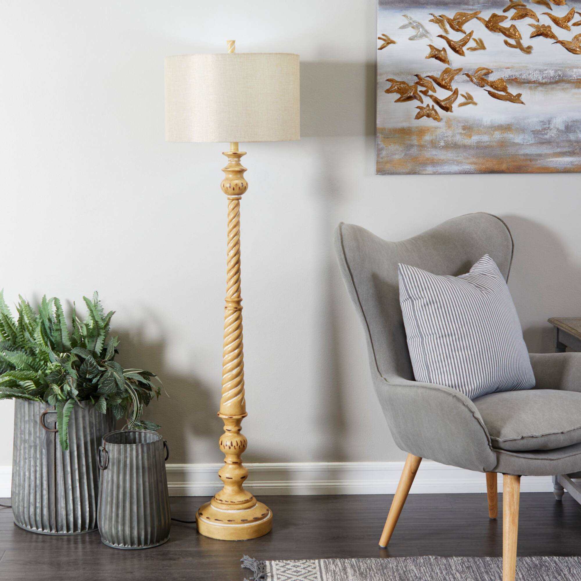 Brown Polystone Turned Style Floor Lamp with Drum Shade 16" x 16" x 60"